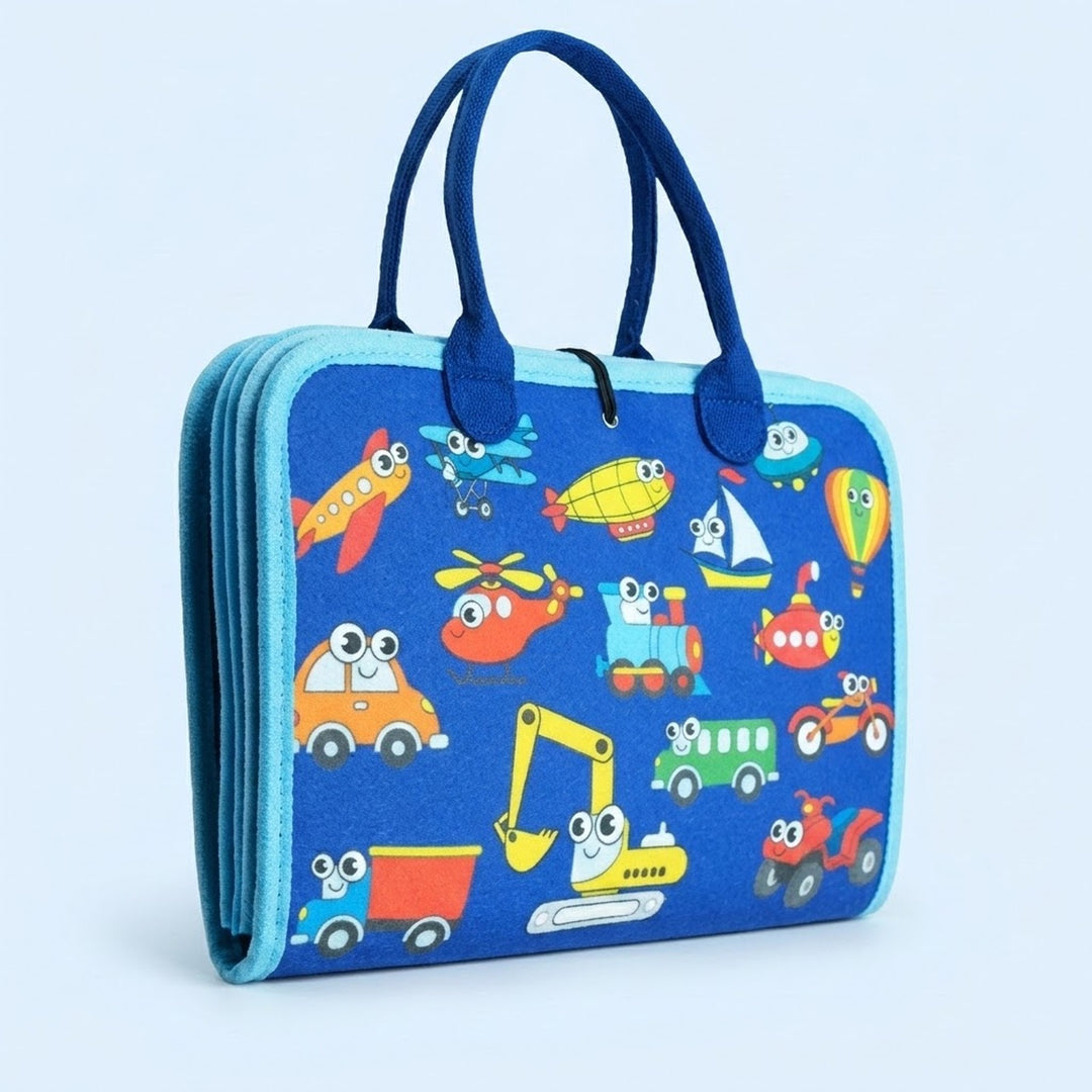 Closed blue felt busy board features cartoon vehicles, dark blue handles and light blue edging against a pale blue background.