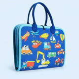 Closed blue felt busy board features cartoon vehicles, dark blue handles and light blue edging against a pale blue background.