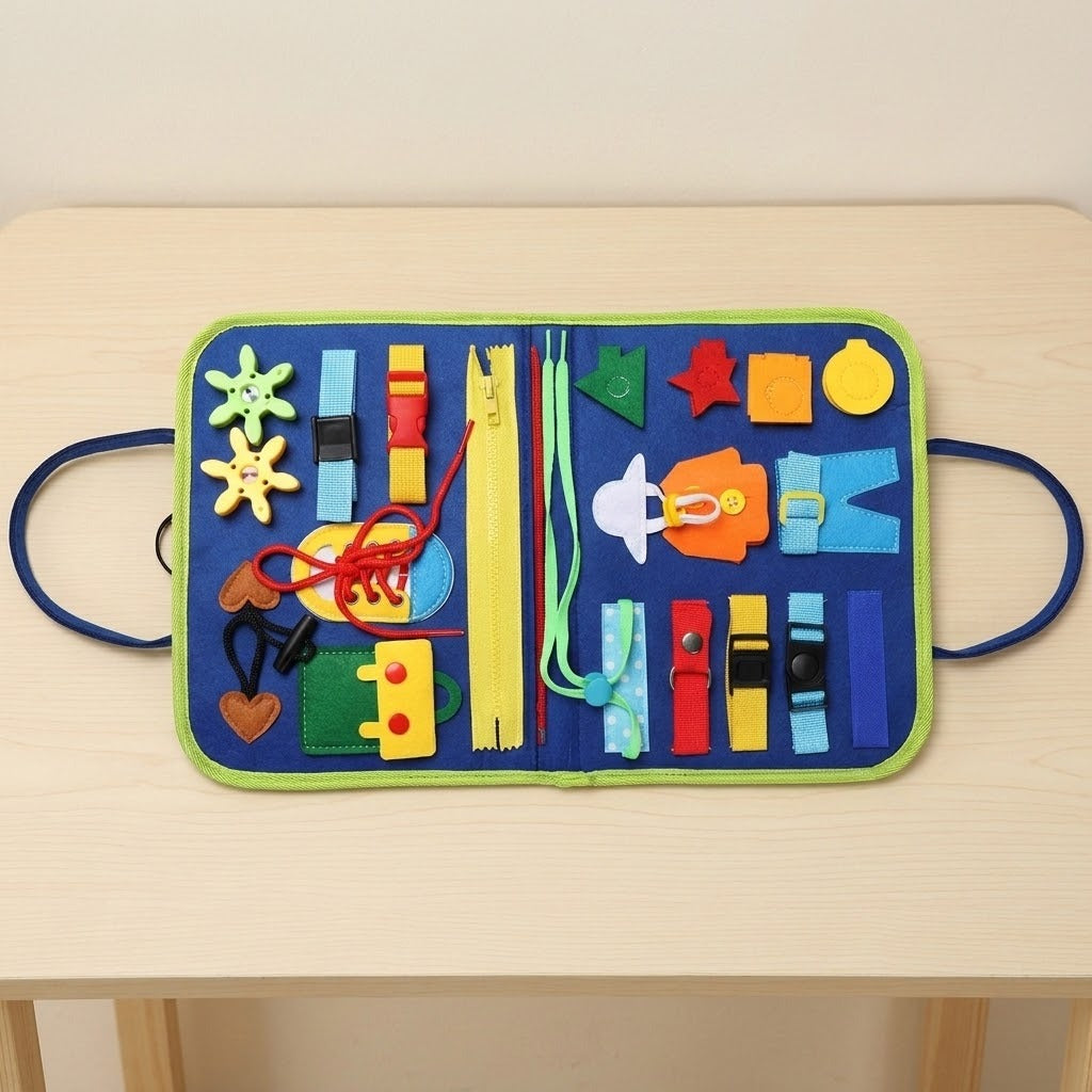 Blue felt busy board lies open on a light wood table, displaying colorful buckles, zippers, laces and shapes with green edging.