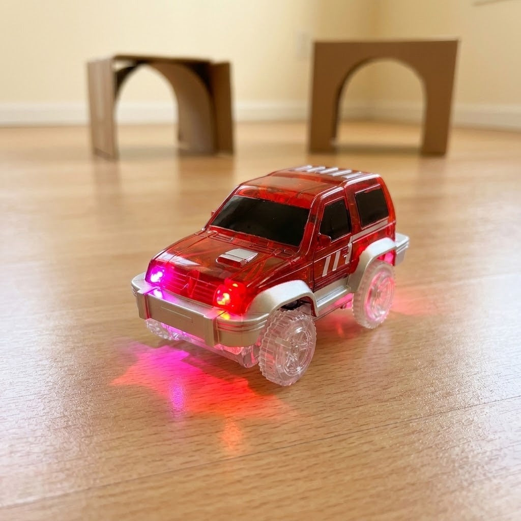 A small red translucent toy SUV with clear wheels and glowing pink and red lights, placed on a wooden floor with cardboard arches in the background.
