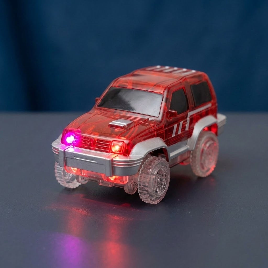 A translucent red toy SUV with clear wheels and glowing red and pink lights, displayed on a dark reflective surface against a dark blue background.