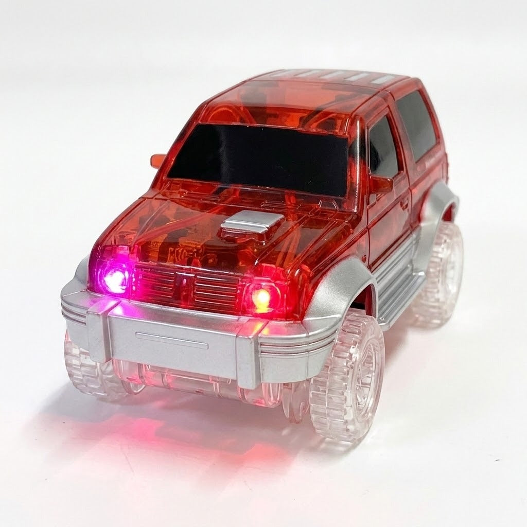 A translucent red toy SUV with glowing pink and red LED lights, clear plastic wheels, and silver-colored bumpers, shown on a white background.
