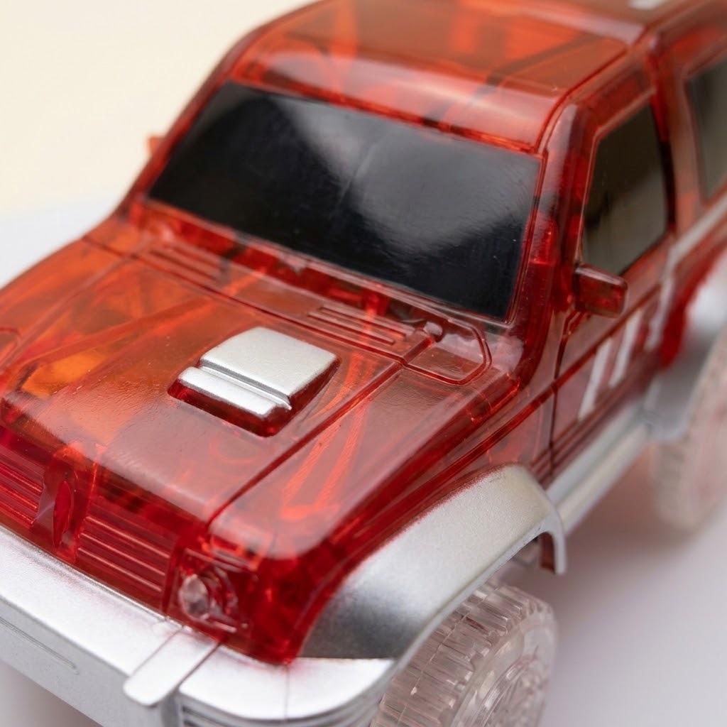 A close-up of a translucent red toy truck with a silver front bumper and clear wheels, shown on a plain light background.