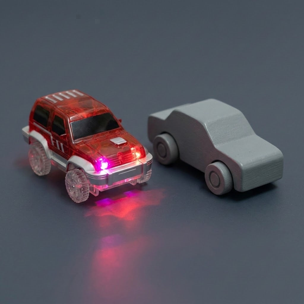A small red translucent toy SUV with glowing pink and white LED lights sits next to a plain gray 3D-printed toy car on a dark gray surface.