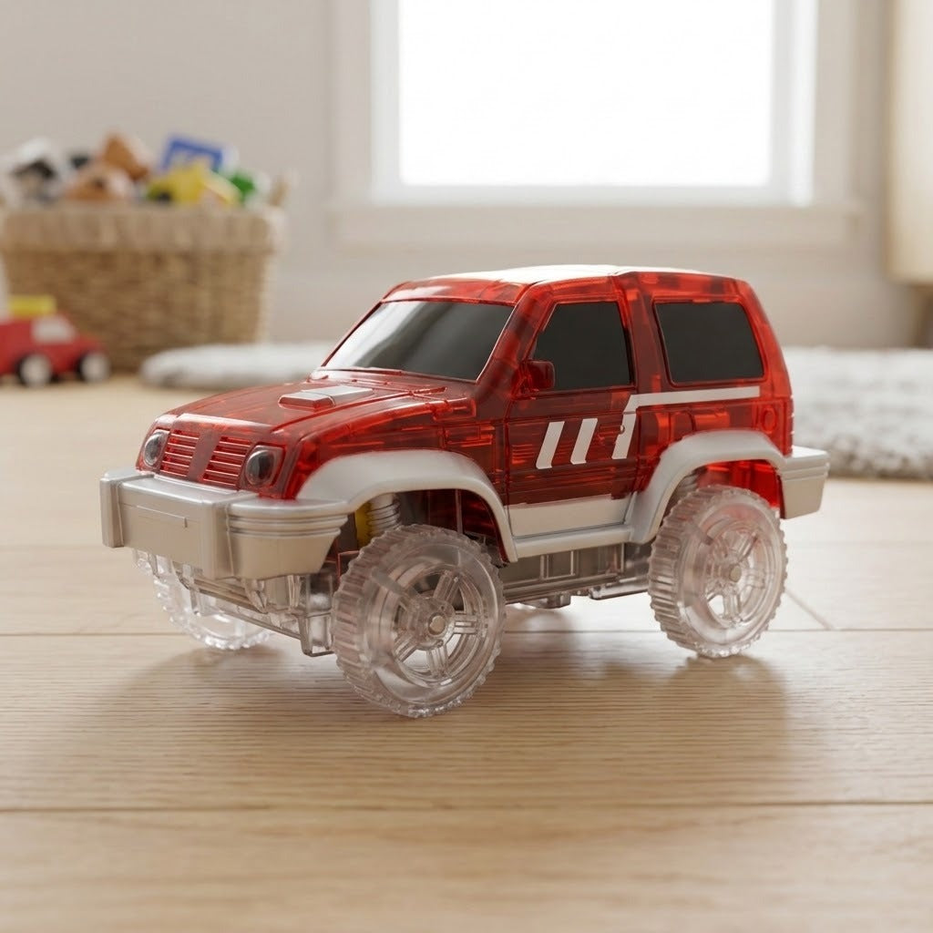 A red and white toy SUV with transparent clear wheels, displayed on a light wooden tabletop with a softly blurred indoor background.