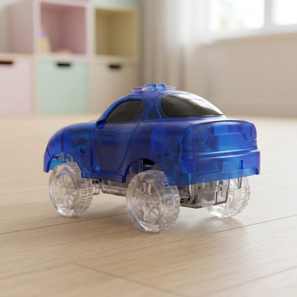 A translucent blue toy car with clear plastic wheels, photographed on a light wood floor in a softly blurred indoor room setting.