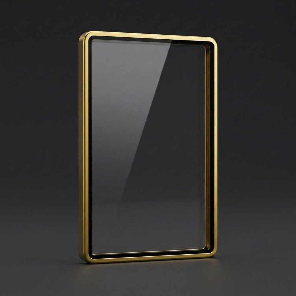 Glossy gold aluminum alloy graded-card protector with a clear center standing upright on a dark gray surface against a dark background.