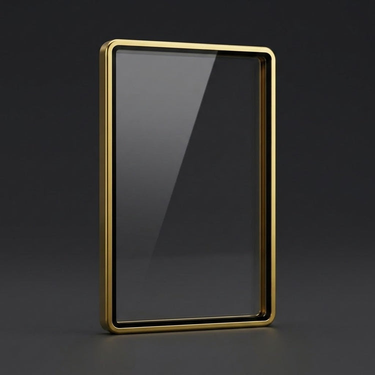 Glossy gold aluminum alloy graded-card protector with a clear center standing upright on a dark gray surface against a dark background.