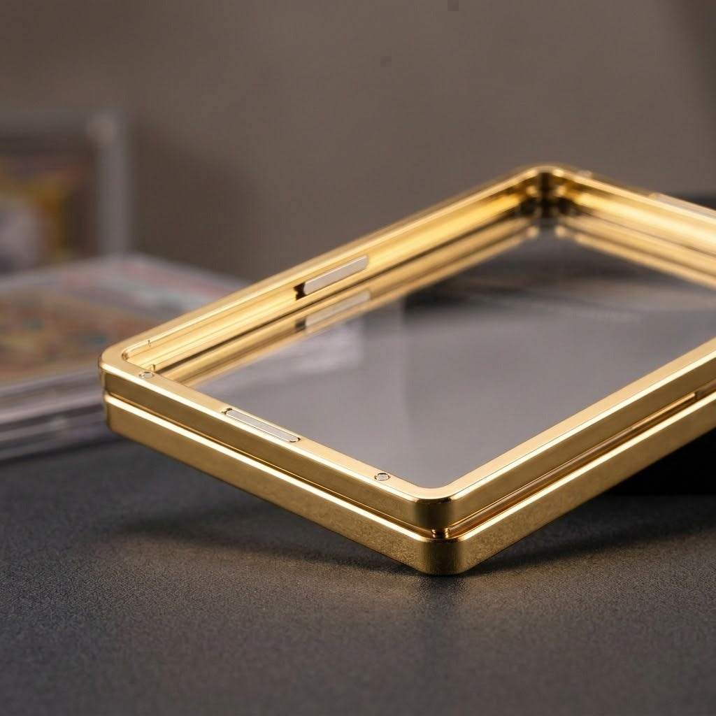 Gold graded card protector lies on a dark surface, showing its inner frame, small rectangular fittings, and transparent center.