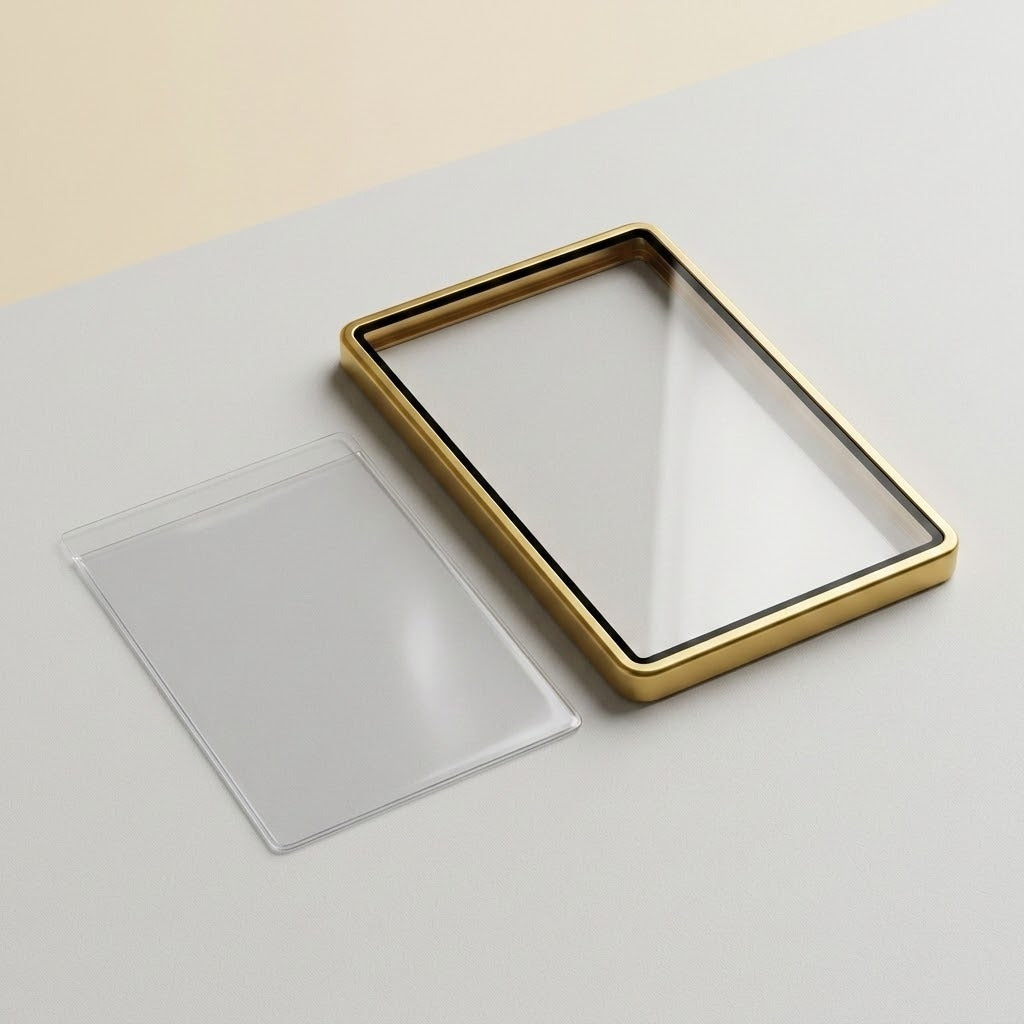 Gold aluminum alloy graded card protector lies flat beside a separate clear panel on a light gray surface.