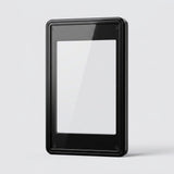 Glossy black aluminum alloy graded card protector stands upright with a clear center and visible corner screws against a light gray background.