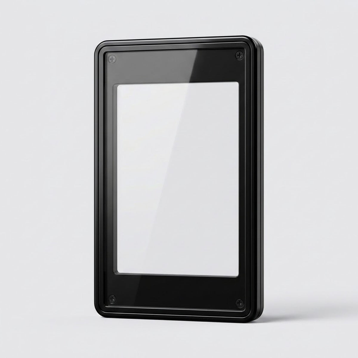 Glossy black aluminum alloy graded card protector stands upright with a clear center and visible corner screws against a light gray background.