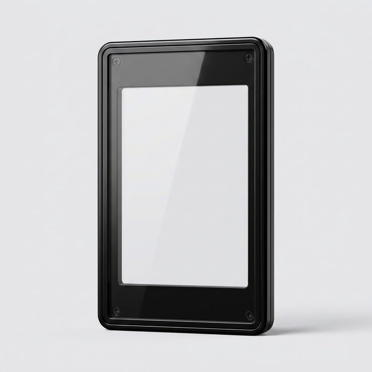 Glossy black aluminum alloy graded card protector stands upright with a clear center and visible corner screws against a light gray background.