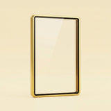 Glossy gold aluminum alloy graded card protector with a clear center and black inner border stands against a pale yellow background.