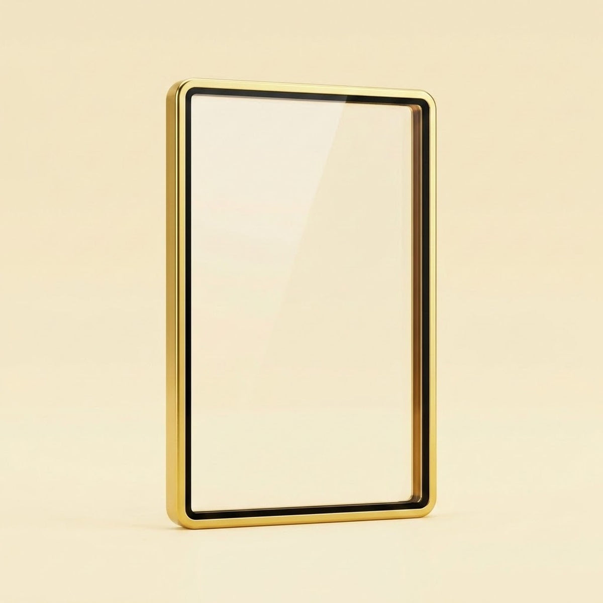 Glossy gold aluminum alloy graded card protector with a clear center and black inner border stands against a pale yellow background.
