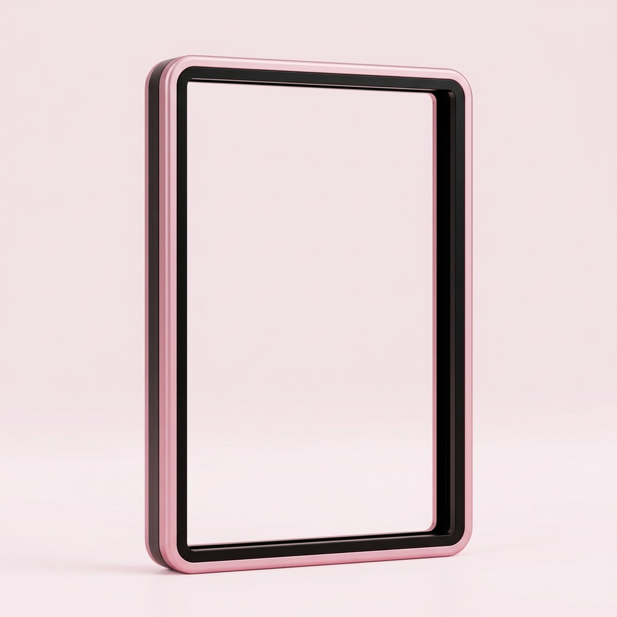 Pink aluminum alloy graded card protector with a black inner border and clear center stands upright against a pale pink background.