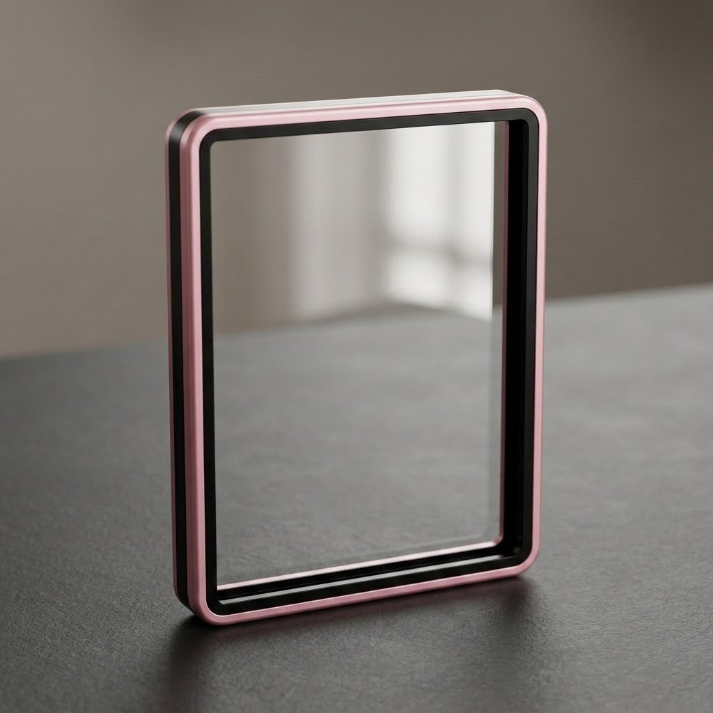 Pink metallic graded card protector with a black inner border stands upright on a dark gray surface against a blurred background.