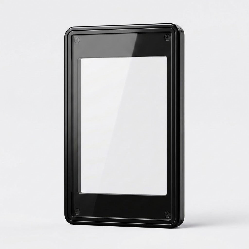Glossy black aluminum alloy graded-card protector with a clear rectangular window standing upright on a white surface against a white background.