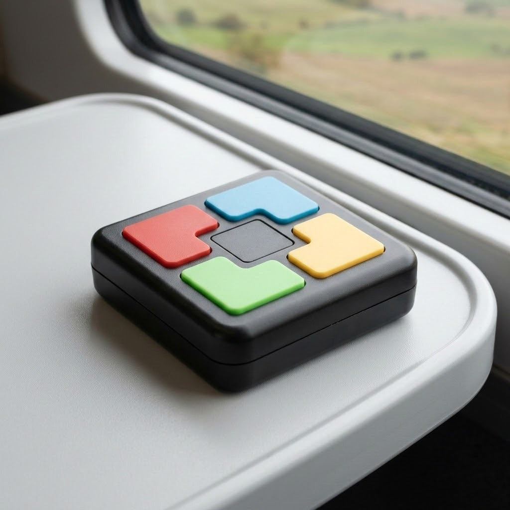 A black plastic electronic memory game with red, blue, yellow, and green buttons rests on a gray tray beside a window.