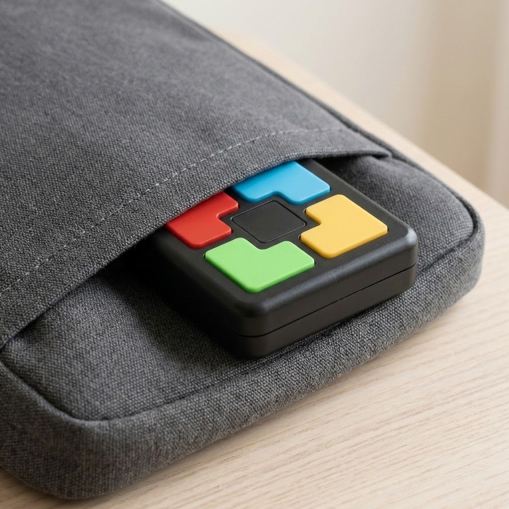 A black electronic memory game with four colored buttons sits partially tucked into a gray fabric pocket on a light wooden surface.