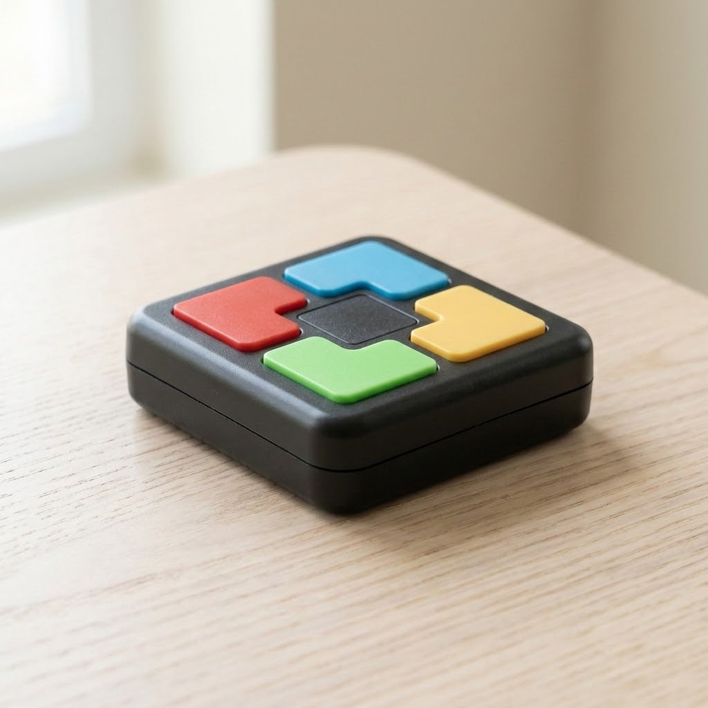 A black plastic electronic memory game with four colored buttons rests on a light wooden tabletop beside a window.