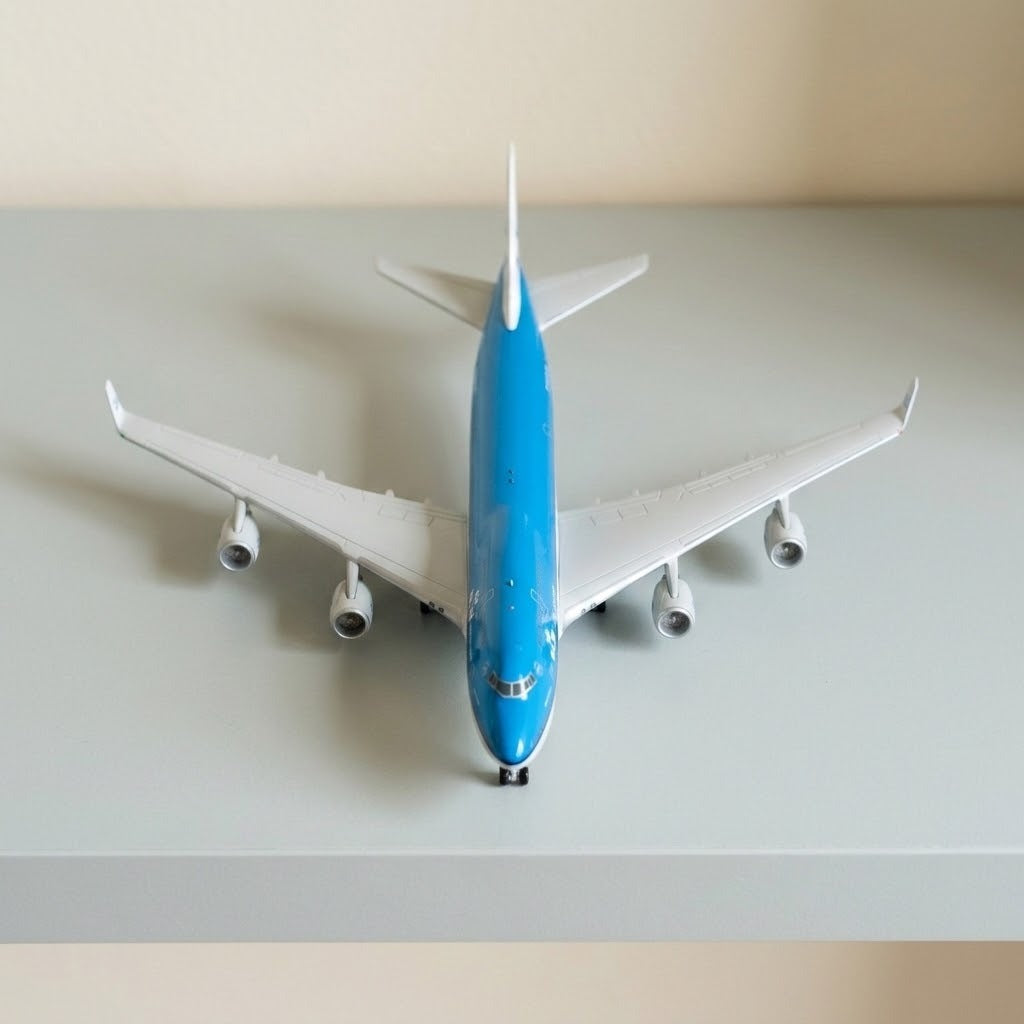 Blue and white diecast alloy aircraft model seen from above on a light grey shelf, showing swept wings and four engines.