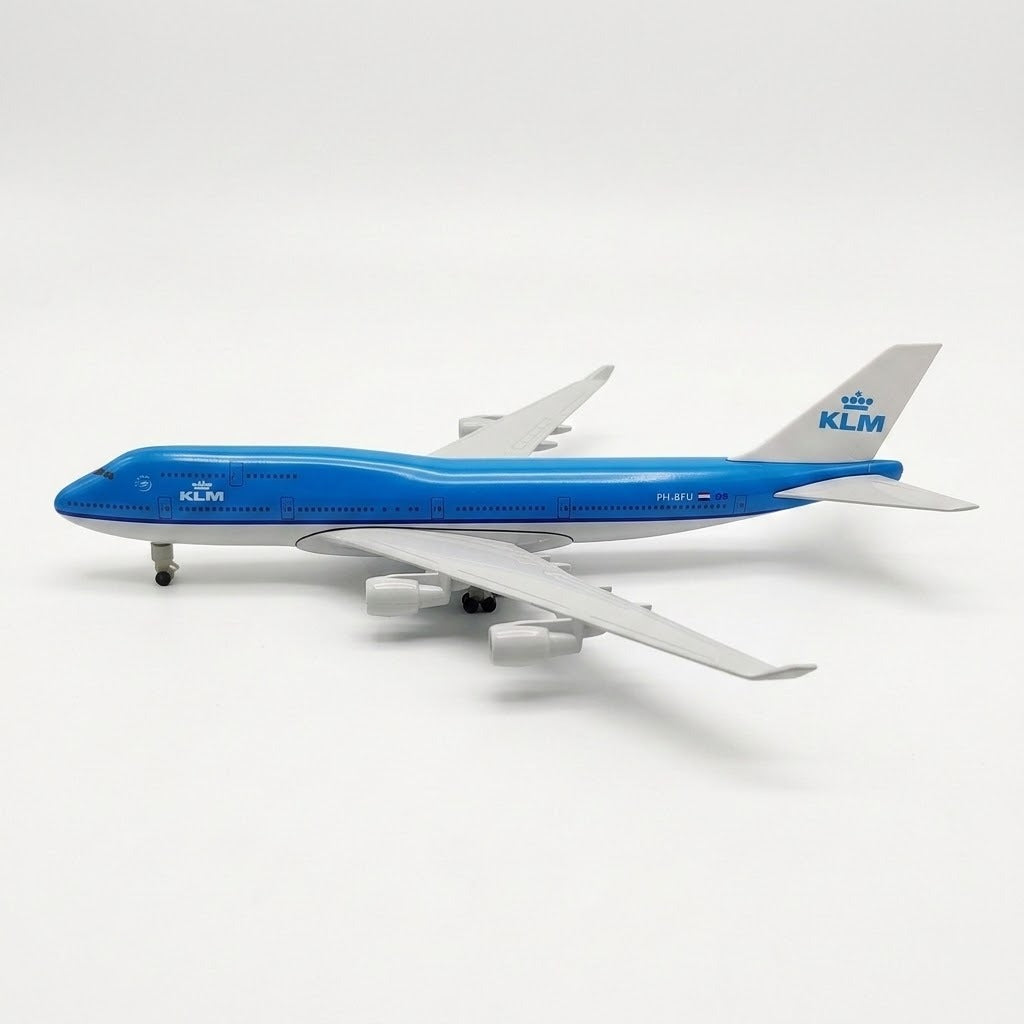 Blue and white diecast alloy aircraft model shown in side profile on a clean white background, 1:400 scale.
