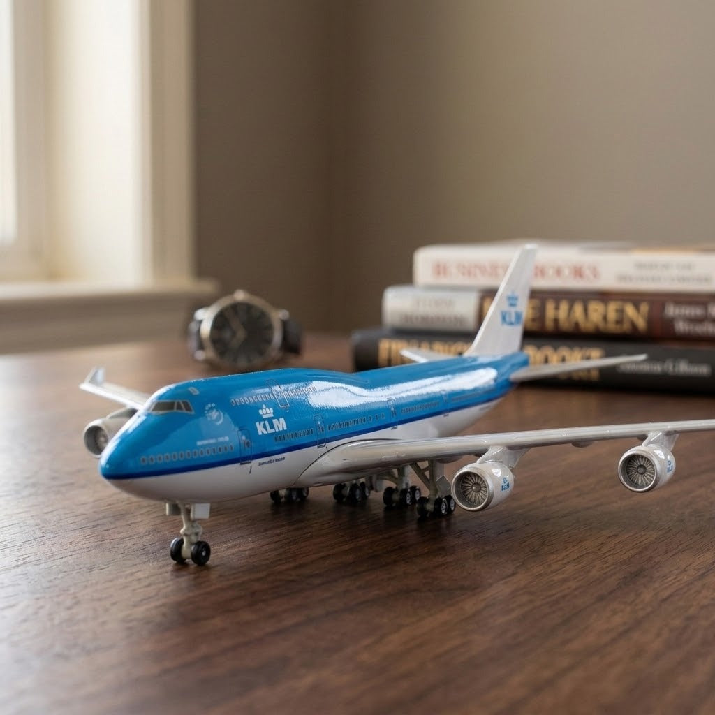 Blue and white diecast alloy aircraft model standing on a wooden tabletop with blurred books and a watch behind.