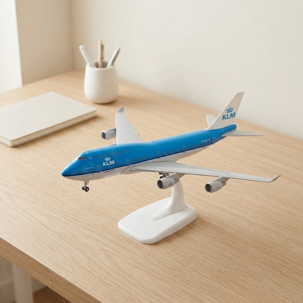 A blue and white aircraft model sits on a white display stand on a wooden desk beside a notebook and pencil cup.