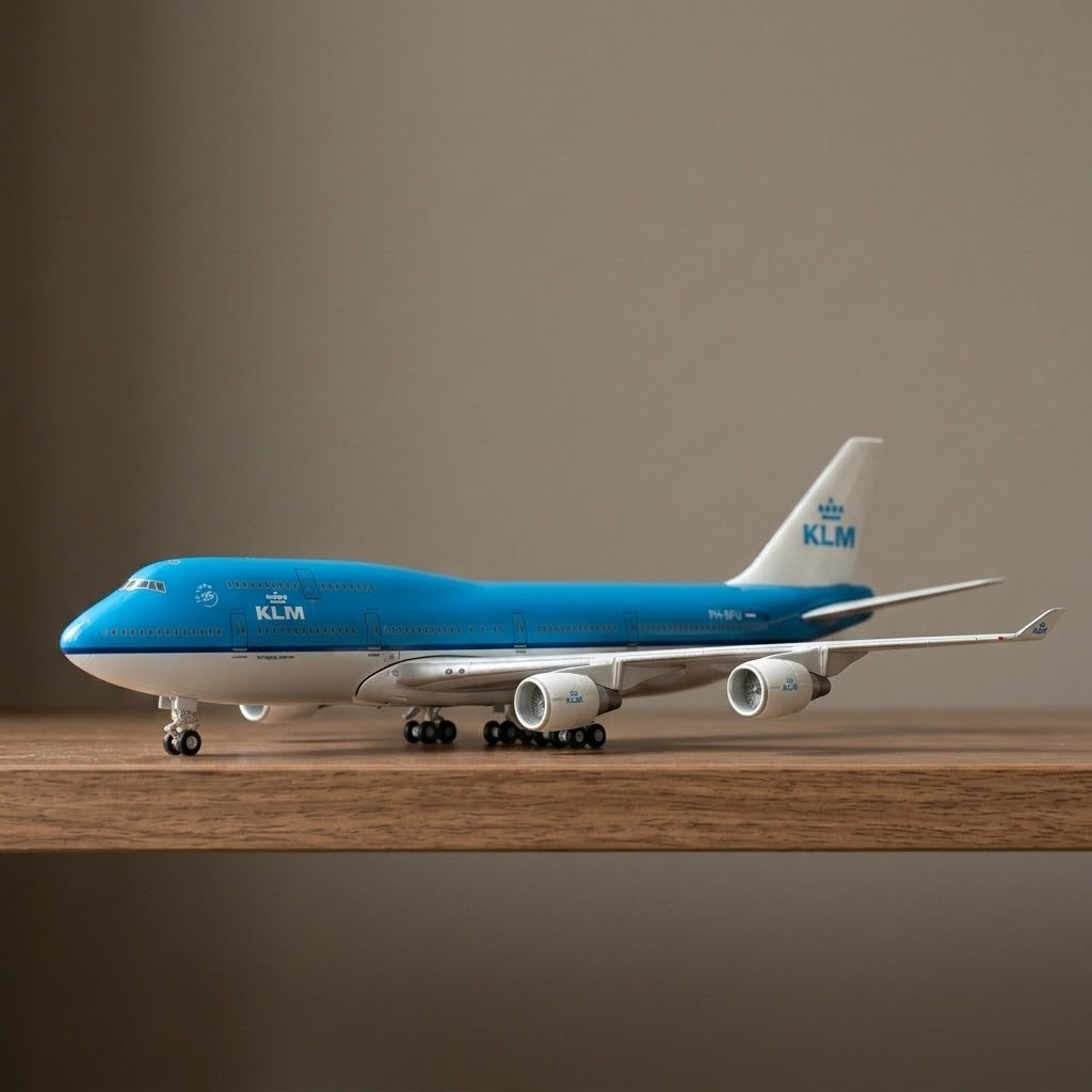 Blue and white diecast alloy aircraft model resting on its landing gear on a wooden shelf against a taupe wall.