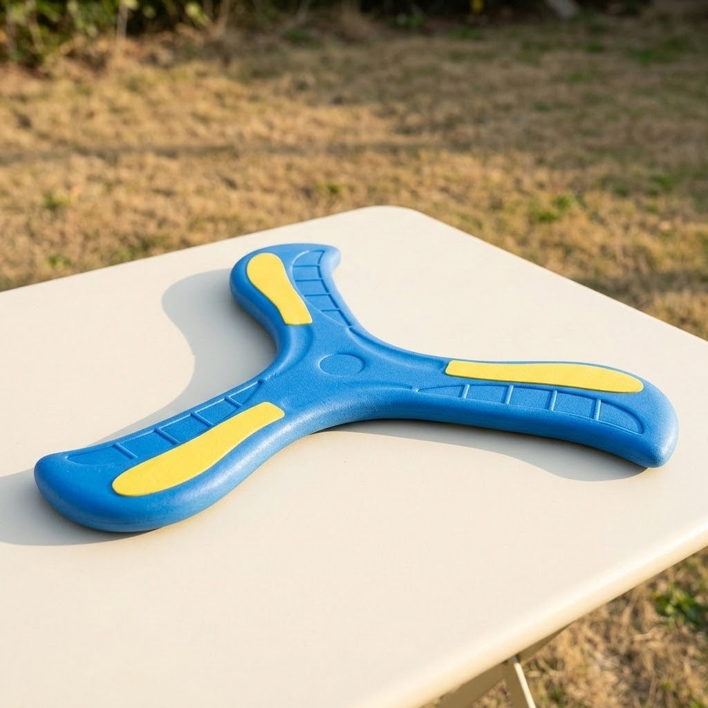 Blue and yellow three-arm boomerang lying flat on a white outdoor table with blurred grass behind.