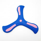 Blue three-arm boomerang with pink accents and a pink central circle against a white background.
