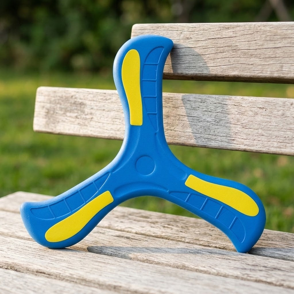 Blue and yellow three-arm boomerang propped against a weathered wooden bench with blurred greenery behind.