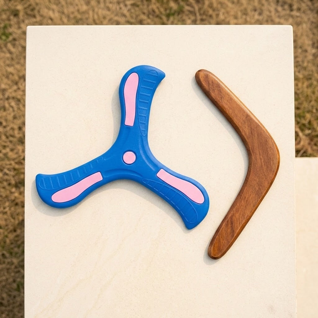 A blue and pink plastic throwing disc and a wooden boomerang lying on a white stone slab outdoors.