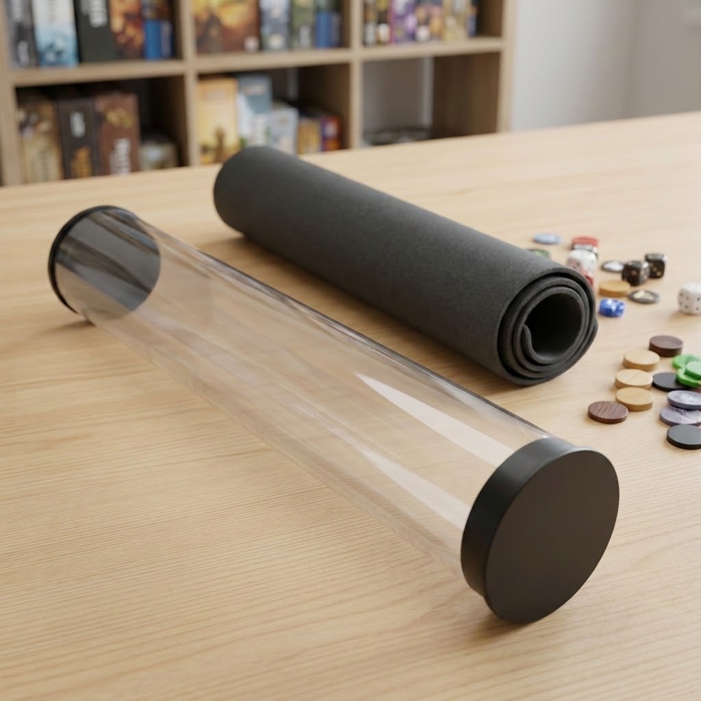A transparent playmat storage tube with black end caps rests on a wooden table beside a rolled dark gray mat and game pieces.