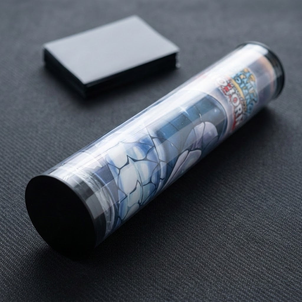 Transparent playmat storage tube with black end caps holds a printed rolled mat beside a rectangular box on a dark textured surface.