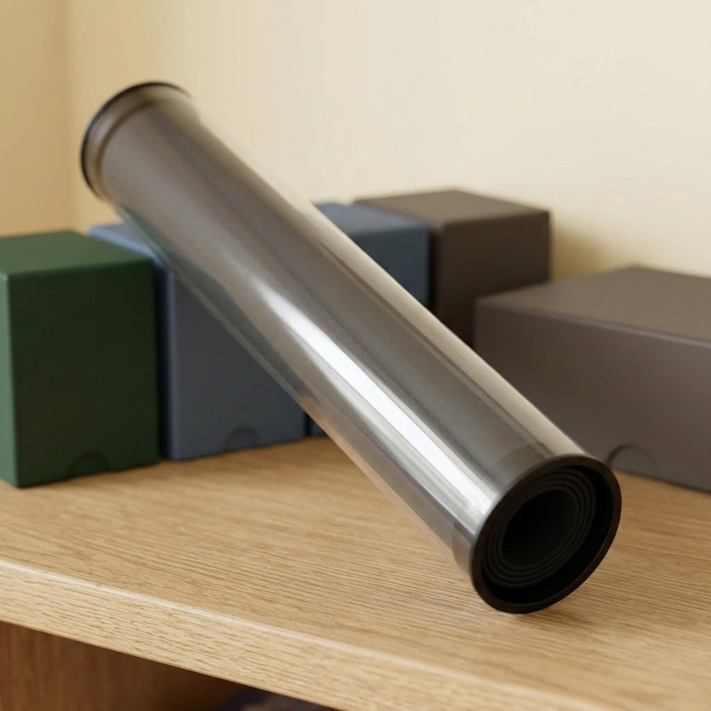 Clear playmat storage tube with dark ends rests diagonally against coloured storage boxes on a wooden shelf.