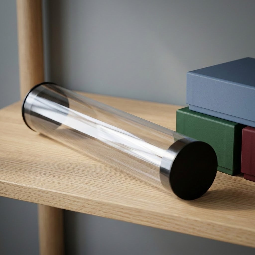 Empty transparent playmat storage tube with black end caps lies on a wooden shelf beside blue, green, and red storage boxes.