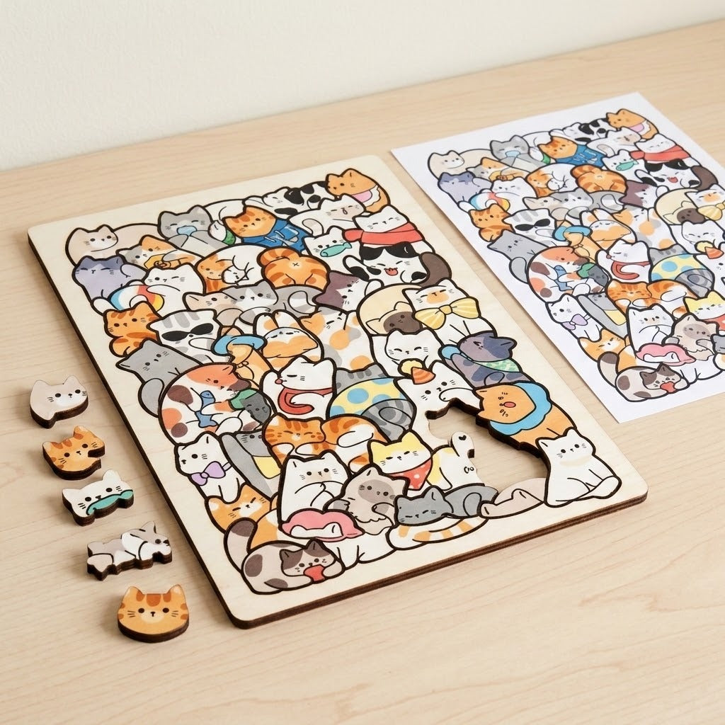 Partially assembled wooden cat jigsaw puzzle with loose cat-shaped pieces and a matching reference drawing on a light wood table.