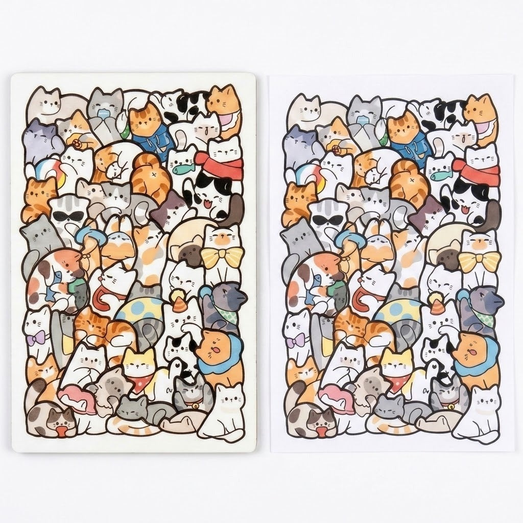 Wooden cat jigsaw puzzle beside its matching full-size reference drawing, both displaying colorful cartoon cats on a white background.