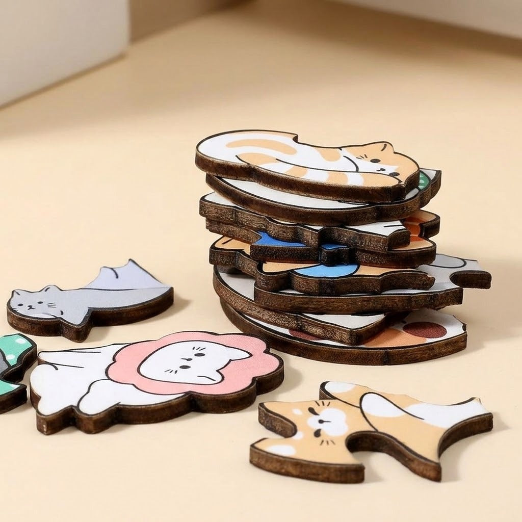 Wooden jigsaw puzzle pieces shaped like colorful cats are stacked and scattered on a beige surface, showing dark cut edges.