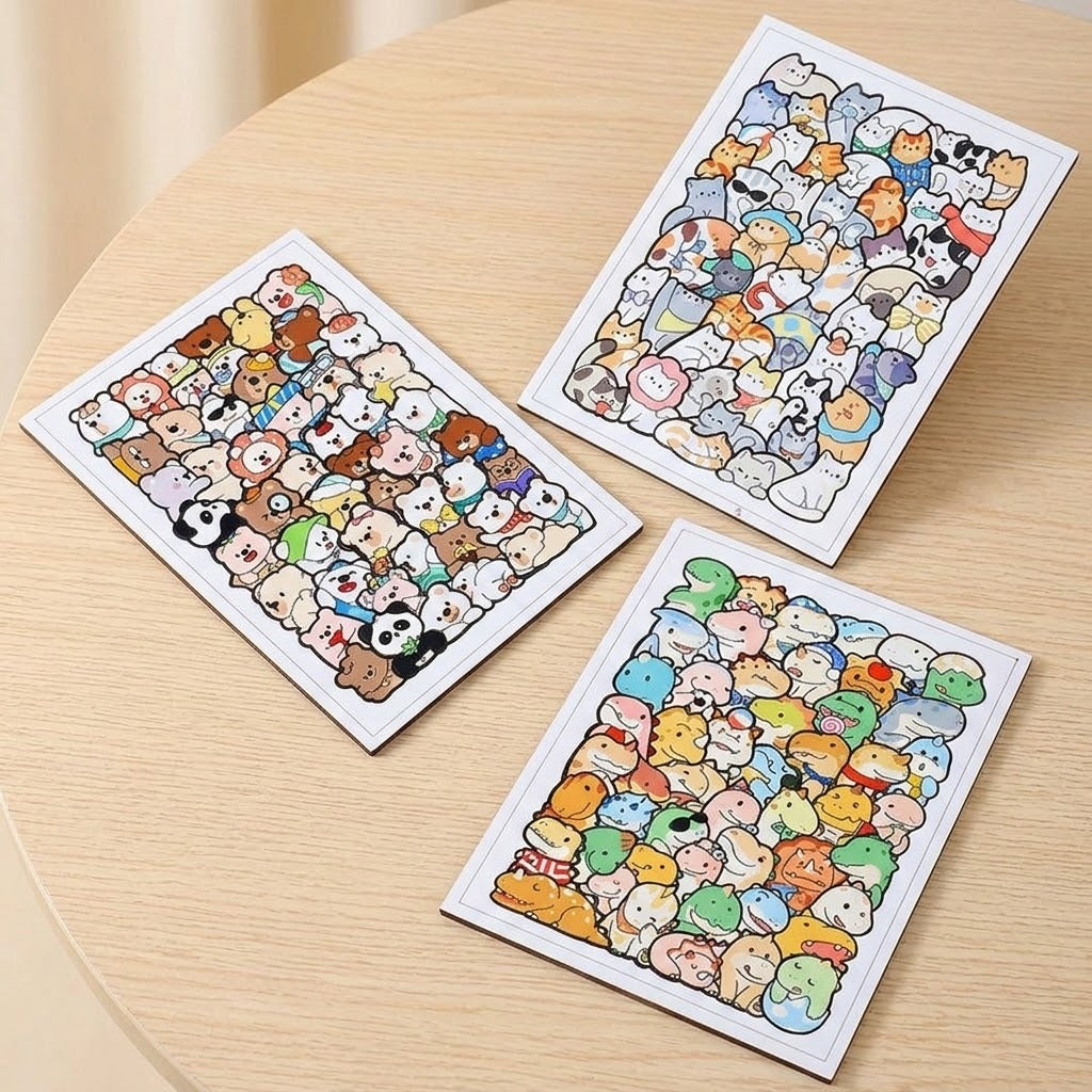 Three rectangular jigsaw puzzle designs featuring colorful bears, cats, and dinosaurs are arranged on a light wood tabletop.