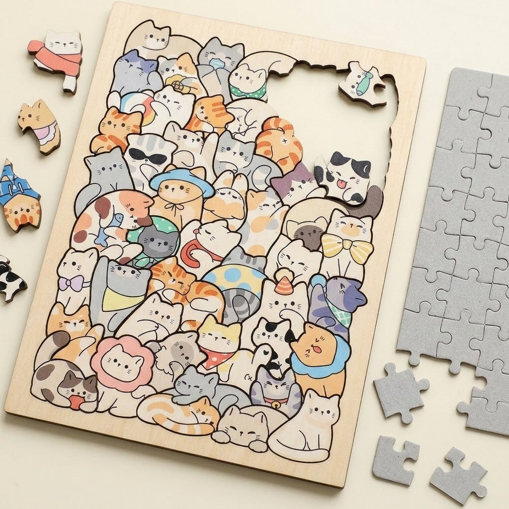 A wooden jigsaw puzzle featuring a dense collage of cute, hand-drawn cartoon cats in many colors, shown on a light beige surface with several loose pieces around it and a stack of gray puzzle pieces on the right.