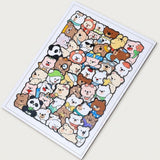 A rectangular bear jigsaw puzzle with colorful cartoon characters and a white border lies diagonally on an off-white background.