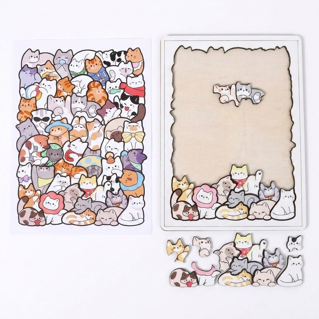 Partially assembled wooden cat jigsaw puzzle with loose irregular pieces below and a matching reference drawing alongside on white.