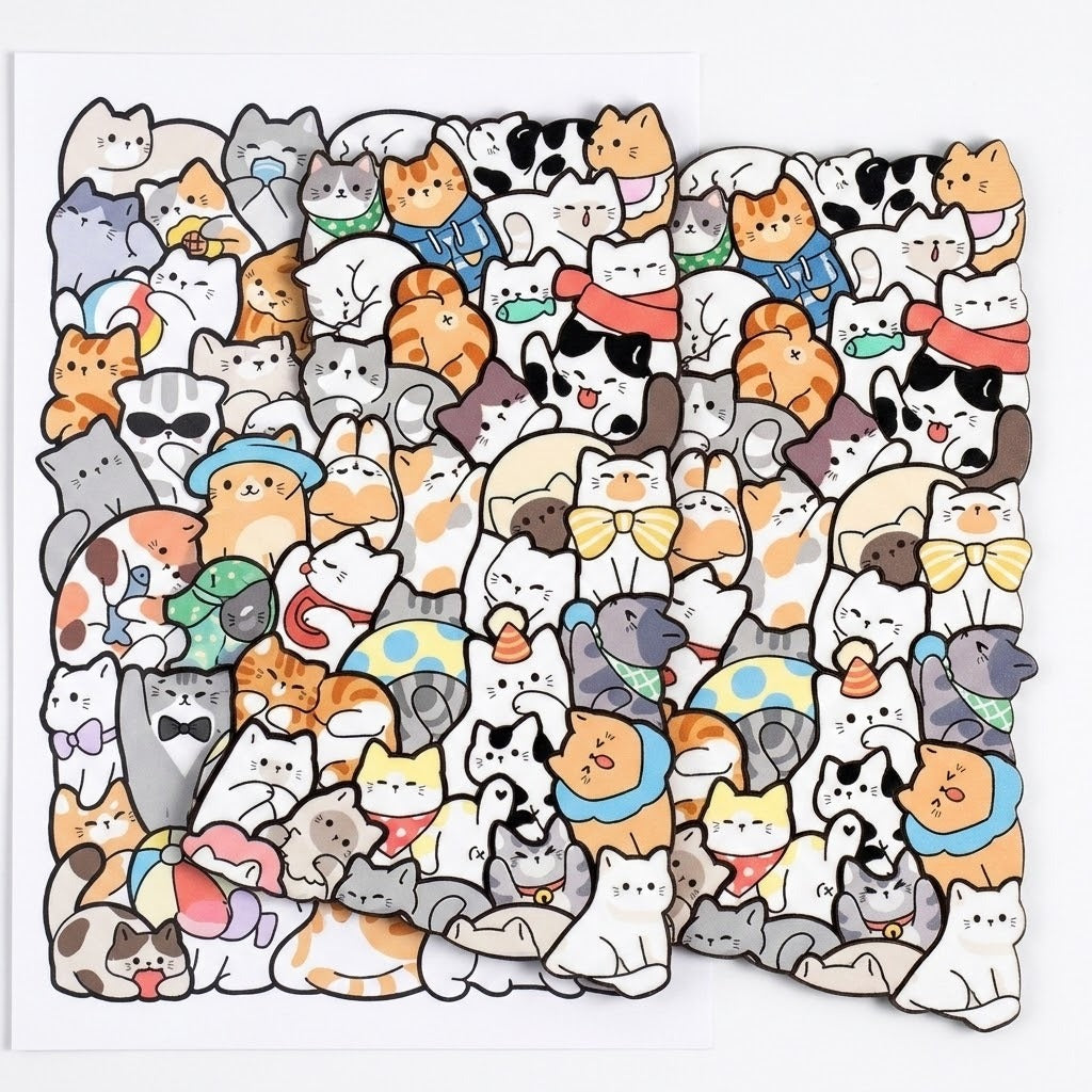 Colorful wooden cat jigsaw puzzle overlapping its matching reference drawing on a white background, with irregular cat-shaped edges visible.