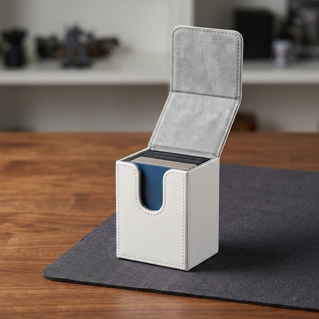 An open white deck box holding cards reveals gray lining on a dark gray mat atop a wooden table.