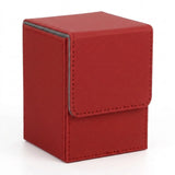 A red textured deck box with a closed fold-over flap, gray edging, and visible stitching stands against a white background.