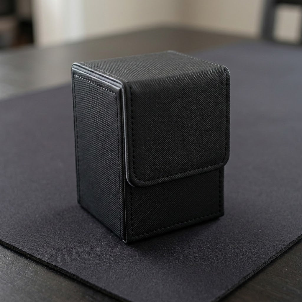 A black textured deck box with stitched edges and a closed front flap stands on a dark gray desk mat.