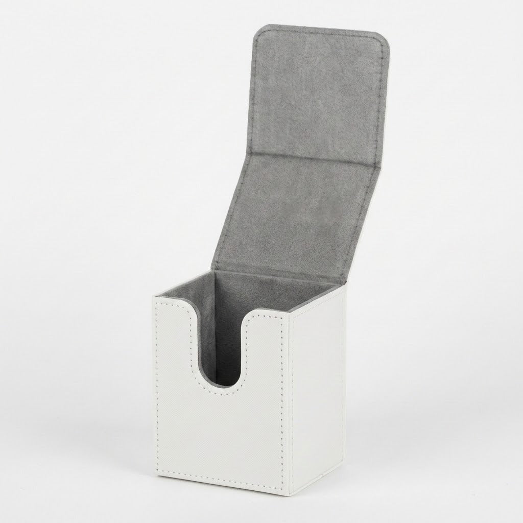 A white deck box sits open on a white background, revealing gray lining and a rounded front cutout.
